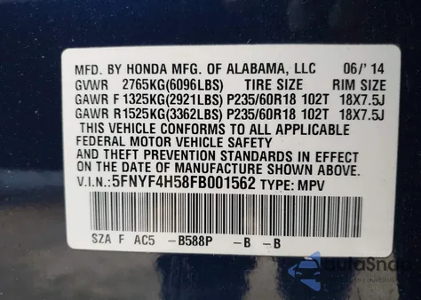 2015 Honda Pilot Ex-L from USA, damaged, VIN 5FNYF4H58FB001562